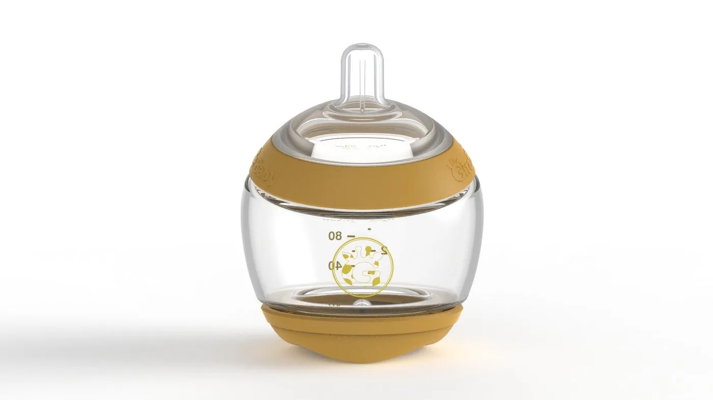 Photorealistic studio render image of the finished 120 ml Giraffe Baby feeding bottle