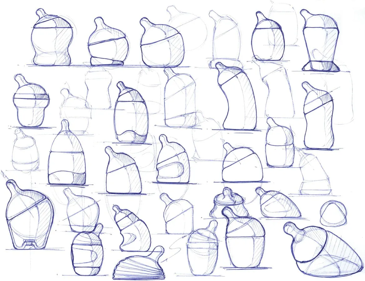 Sheet of roughly thirty thumbnail concept sketches exploring baby bottle silhouettes