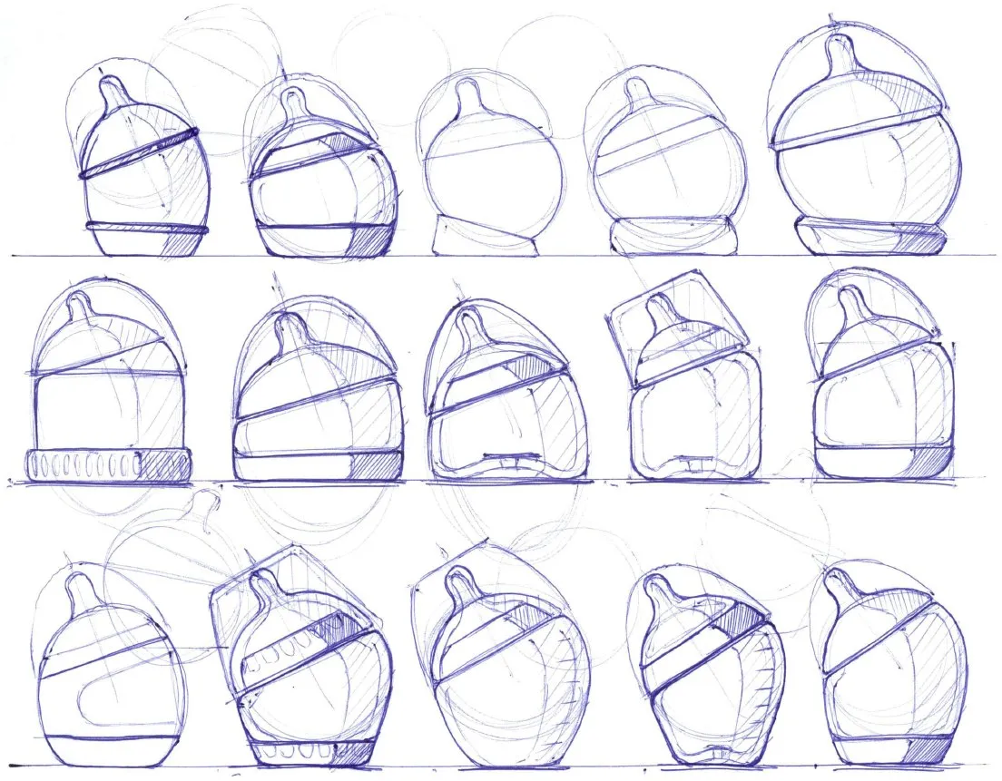 Second sheet of thumbnail concept sketches exploring bottle silhouettes