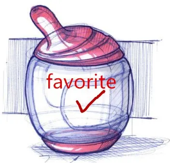 Marker concept sketch of an ovoid baby bottle with a red check mark and the word favorite written beside it