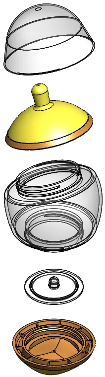 Exploded CAD view of the five-part bottle assembly: dome cover, nipple, bottle body, one-way air valve, and base
