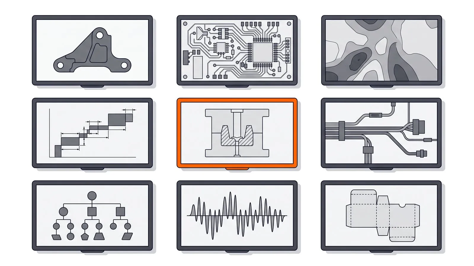 Editorial illustration: a grid of nine screens, each showing a different engineering output in fine linework — a machined bracket, a circuit board, a thermal map, a schedule, a mold section, a wiring harness, a requirements tree, a signal trace and a packaging flat. One screen bezel is picked out in orange.