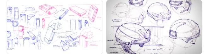 Two panels of hand-drawn Design 1st concept sketches. On the left, blue and pink pen studies of handheld devices and enclosures. On the right, pen studies of a helmet form from several angles, annotated with callouts for the camera, LED light and antenna.