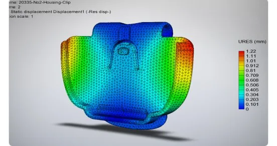 A SolidWorks static displacement study of a housing clip, meshed and shaded blue through green to red by deflection magnitude, with a URES scale running from 0 to 1.22 mm beside it.