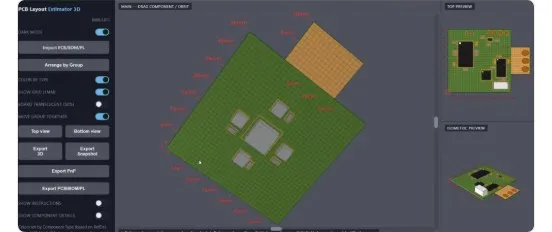 Screenshot of the PCB Layout AI Estimator 3D: a green board rendered in perspective with components placed and dimensioned in red, a left control panel offering Import PCB/BOM/PL, Arrange by Group, top and bottom views and 3D export, and top and isometric preview panes down the right edge.