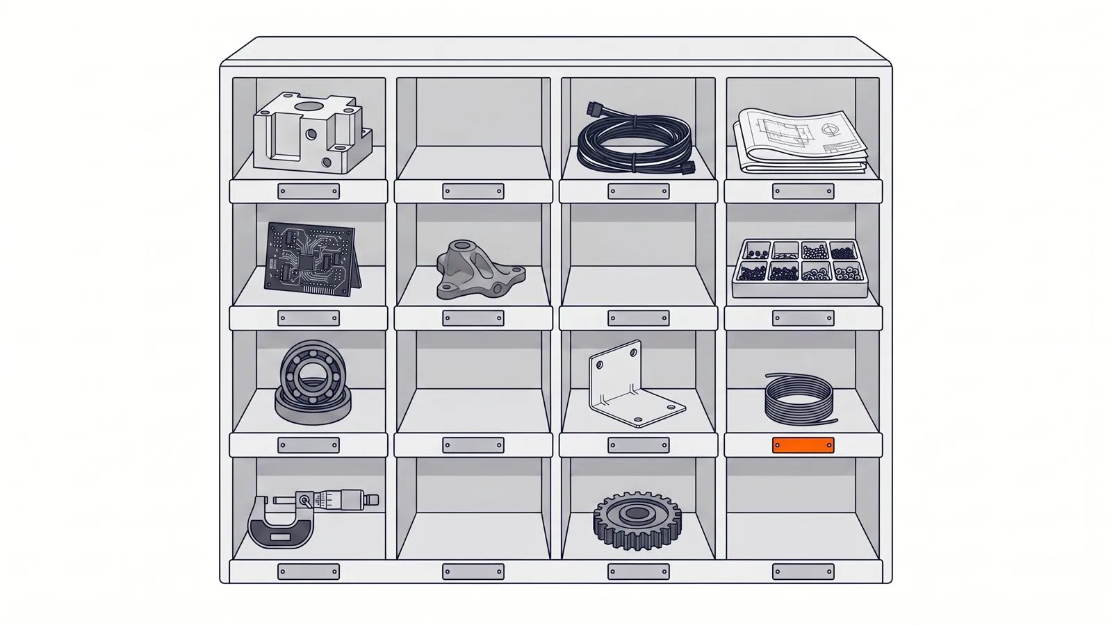 Editorial illustration of a workshop pigeonhole rack. Each compartment holds the artifact of a different stage of hardware work: a machined block, a circuit board, a coiled harness, folded drawings, a bearing, fasteners, a gauge. Several compartments are empty. One label plate is orange.