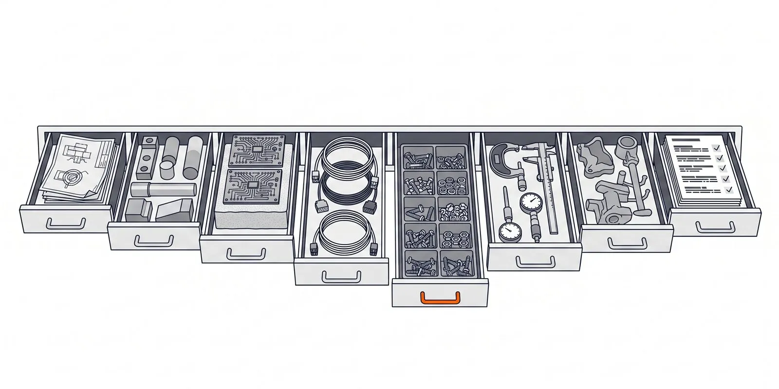 Editorial illustration of a wide bank of metal storage drawers, each pulled out to a different depth. Each drawer holds the output of a different stage: folded drawings, machined blanks, circuit boards, coiled harnesses, fasteners in dividers, gauges, castings, inspection records. One drawer pull is orange.