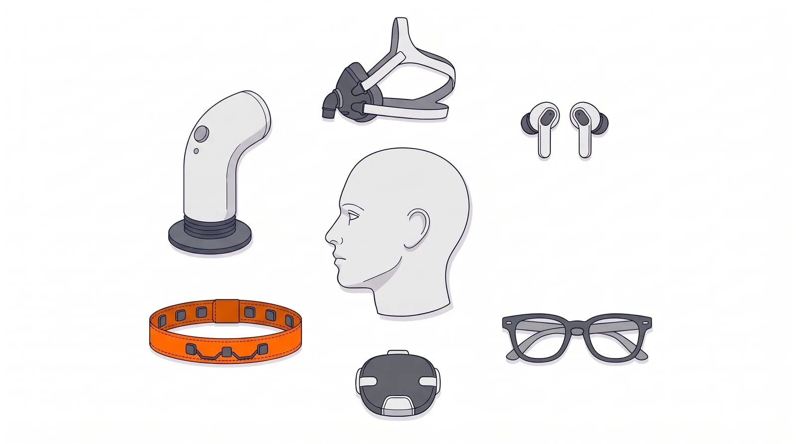 Editorial illustration of head-worn devices around a head: a handheld scanner, breath mask, earbuds, sensor headband, headset and glasses