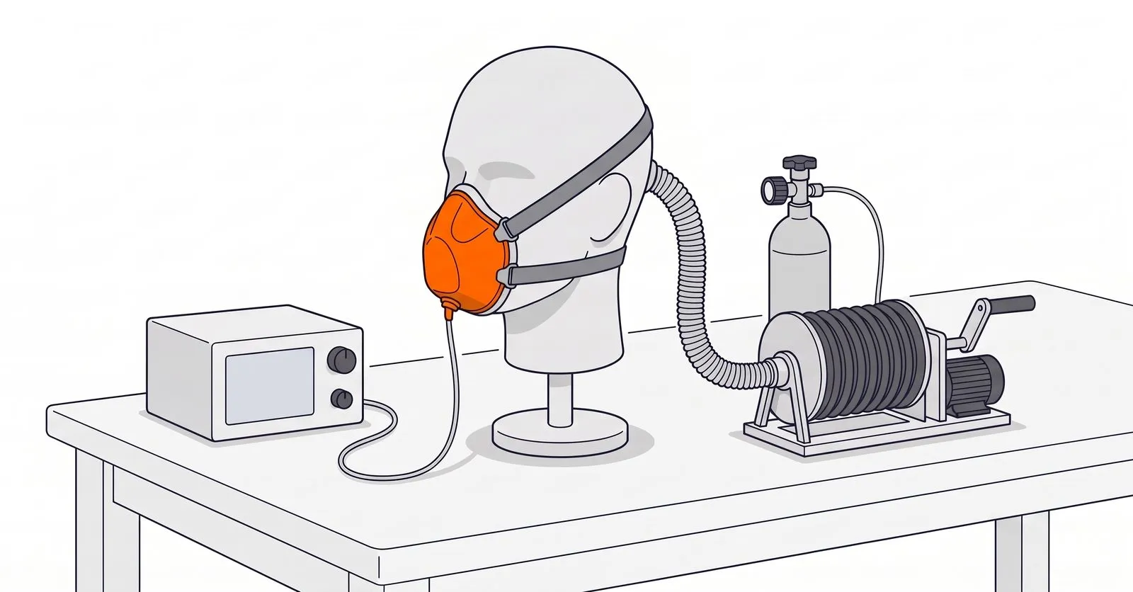 A mannequin head on a test bench wearing a breath mask, with a hose to a bellows pump and a gas cylinder behind