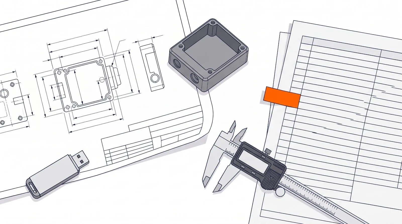 Editorial illustration of a complete RFQ package: dimensioned drawings, a bill of materials, a sample enclosure part, calipers, and a CAD file drive laid out on a white desk