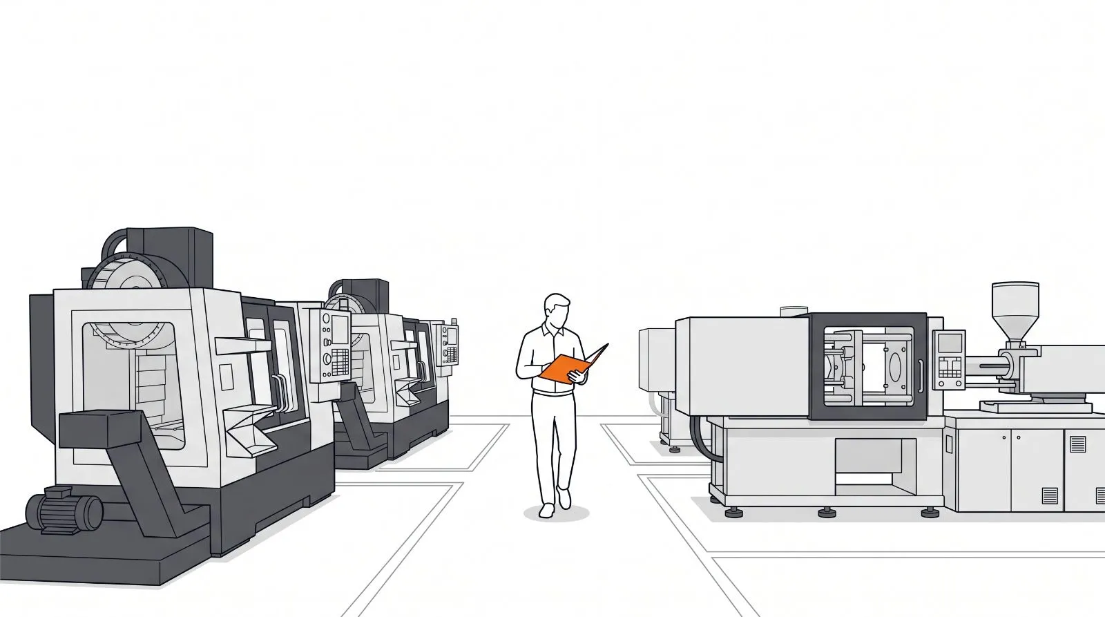 Editorial illustration of an engineer with a folder walking a factory floor between CNC machines and an injection molding press
