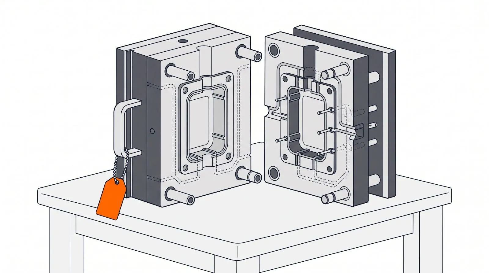 Editorial illustration of an injection mold opened into two halves with an orange ownership tag hanging from its base