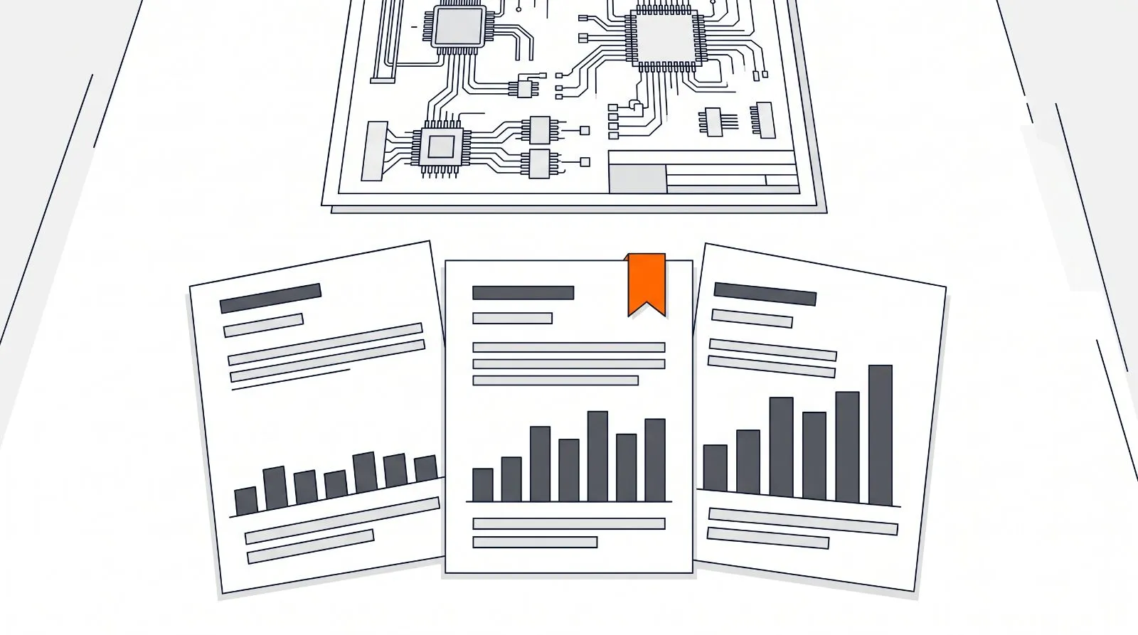 Editorial illustration of one technical drawing above three quote documents whose bar patterns disagree with each other