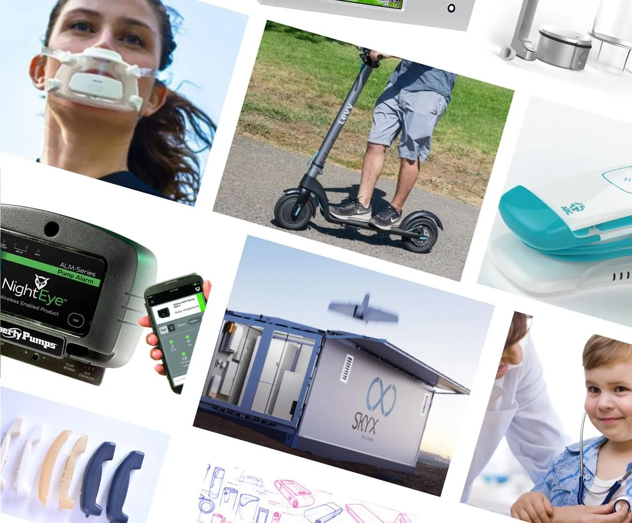 A collage of products designed by Design 1st, including a breath monitor, an electric scooter and the SkyX drone station