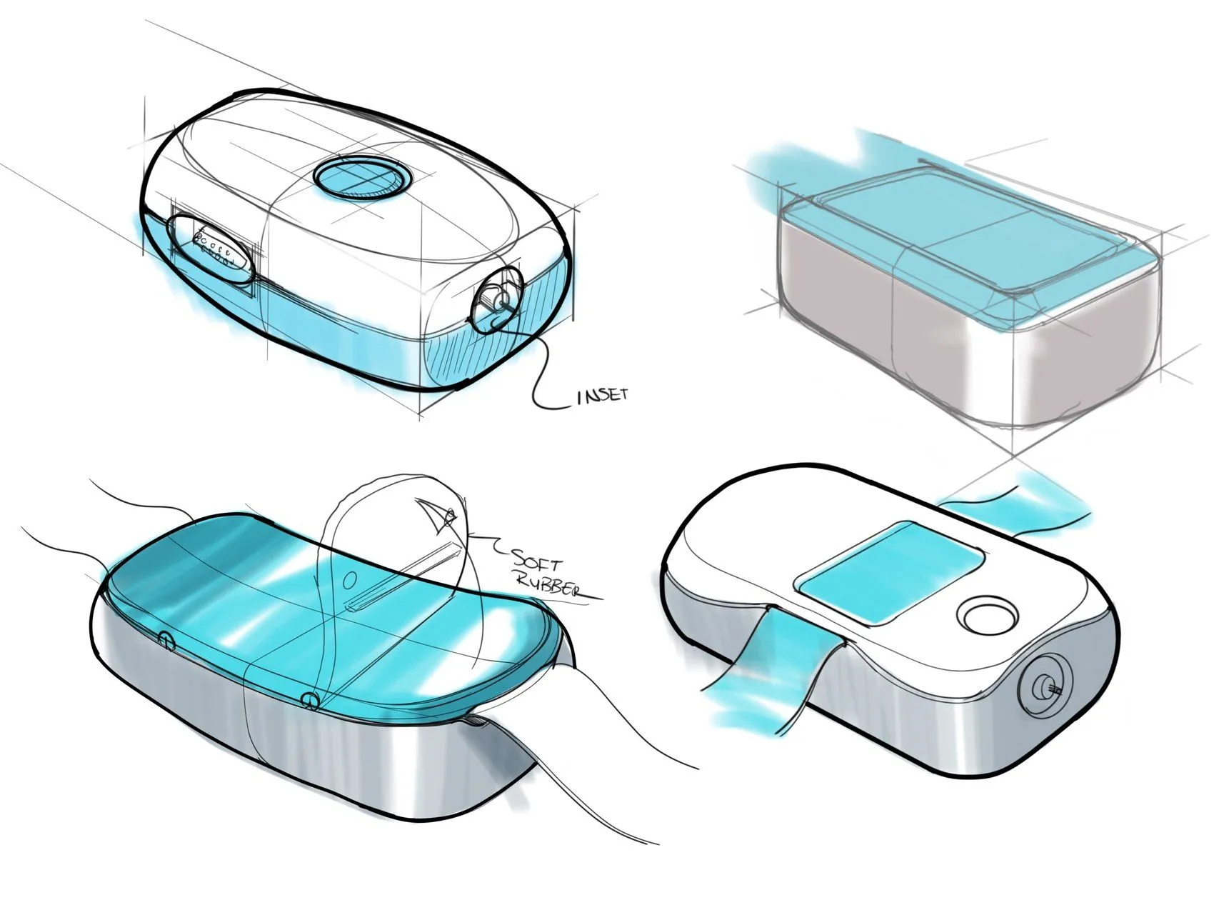 Four pen and marker concept sketches of the recorder enclosure