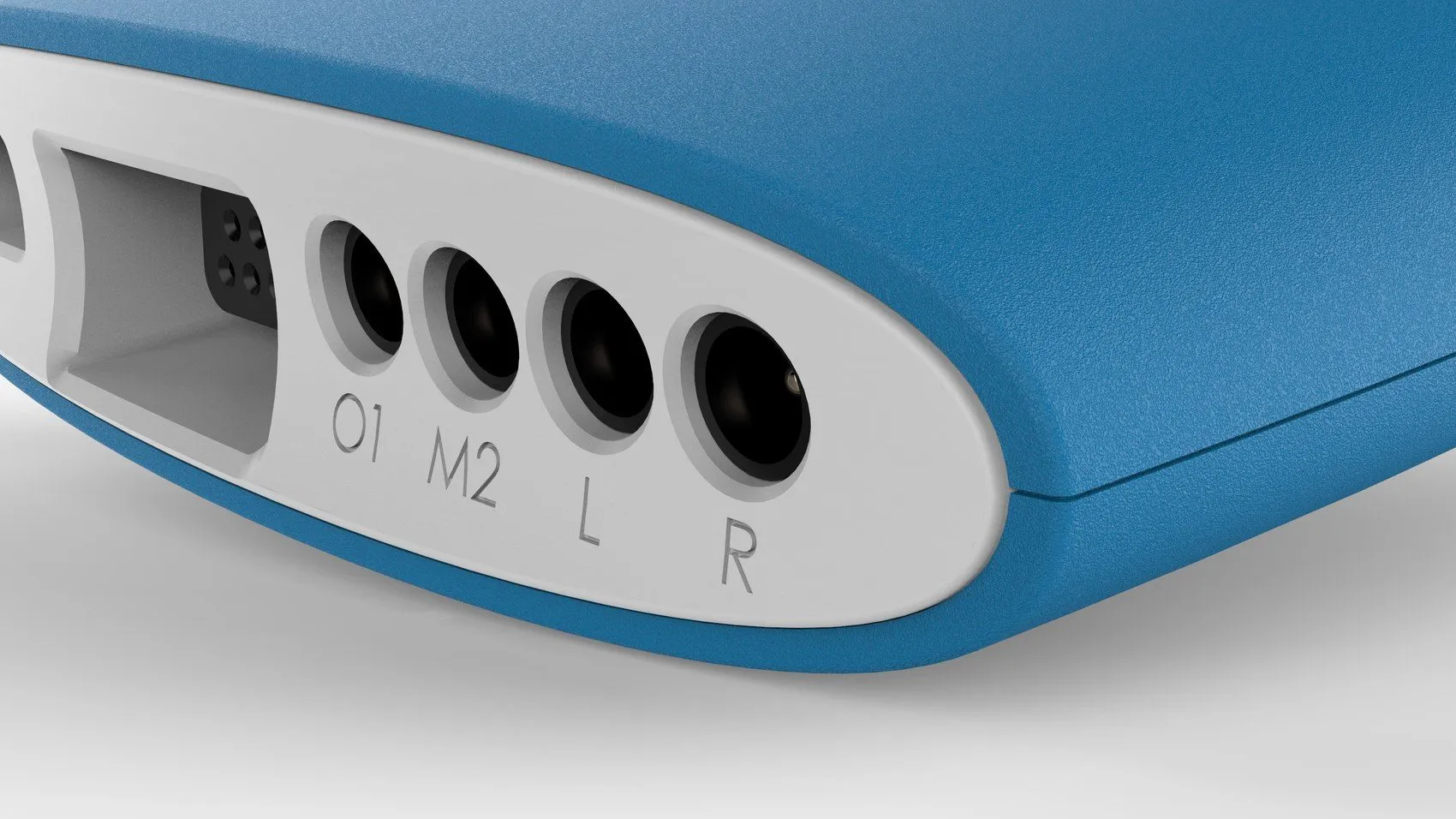 Close-up render of the connector panel with labeled electrode ports