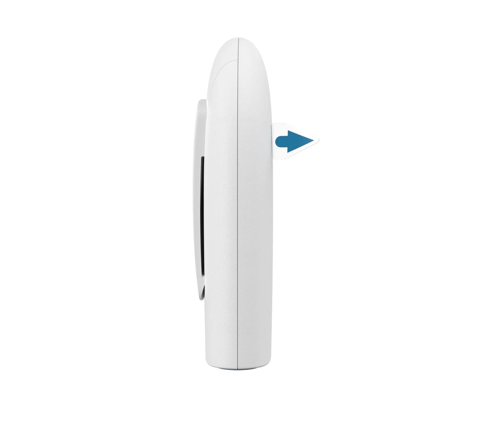Side profile of the white recorder with its blue battery pull-tab