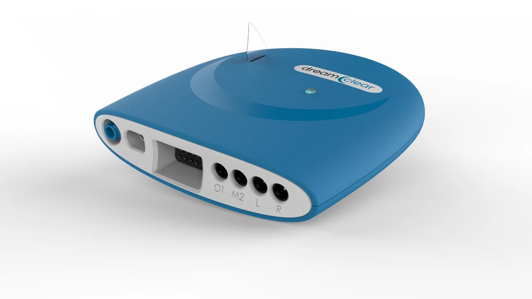 Studio render of the recorder in blue, showing the connector panel and pull-tab