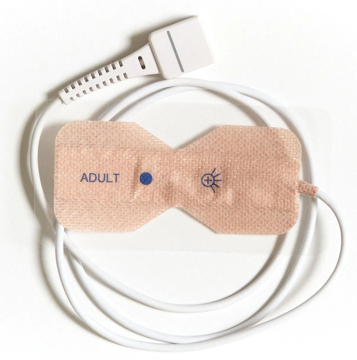 Adhesive adult SpO2 finger sensor with its cable and connector