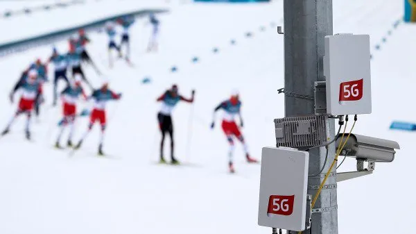 5G antennas on a pole beside a cross-country ski course at the 2018 Pyeongchang Olympics