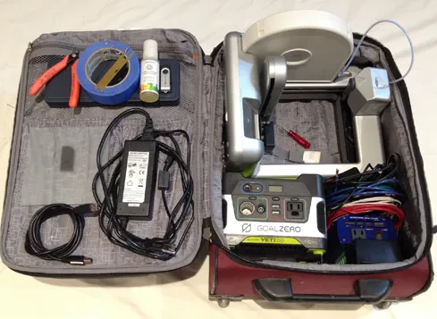 3D4MD portable 3D printing kit in a suitcase with a Goal Zero power pack, cables and tools