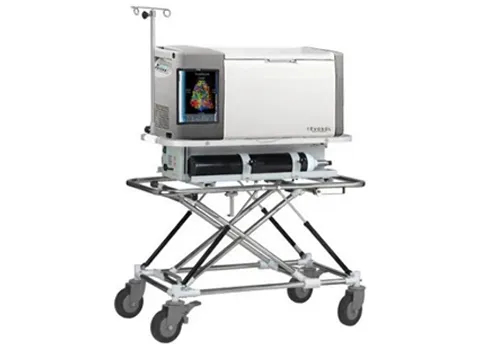 Tevosol EVOSS organ perfusion unit with a display screen mounted on a wheeled transport cart