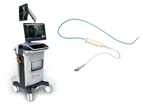 Conavi imaging console on a wheeled cart with twin monitors beside an intravascular imaging catheter