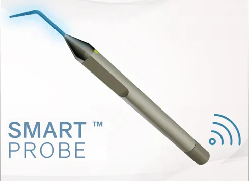 Render of the Cumulus Dental Smart Probe, a wireless periodontal probe with a curved blue tip