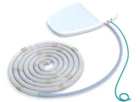 Render of the Paragate implantable device: a flat white pump unit with a coiled mesh catheter