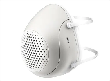 PM2.5 smart electric fan mask in white with a round perforated vent and charging port