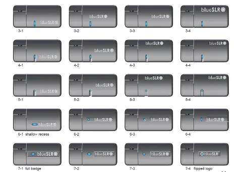 Grid of blueSLR dongle concept sketches exploring button and logo placements