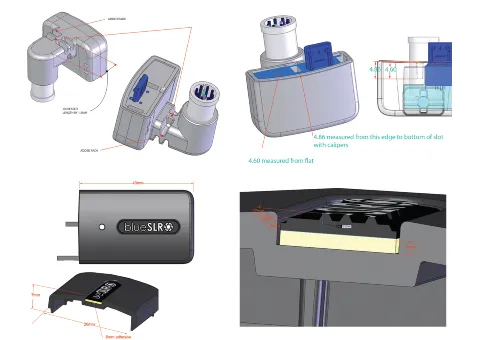 CAD drawings of the blueSLR dongle housing with dimensions and section details