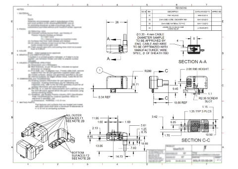 Manufacturing drawing of the blueSLR dongle with dimensioned sections and notes