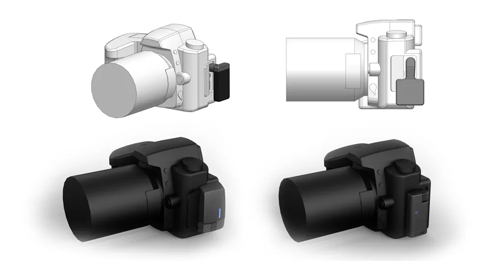 CAD views of the blueSLR dongle mounted on the side of a DSLR camera