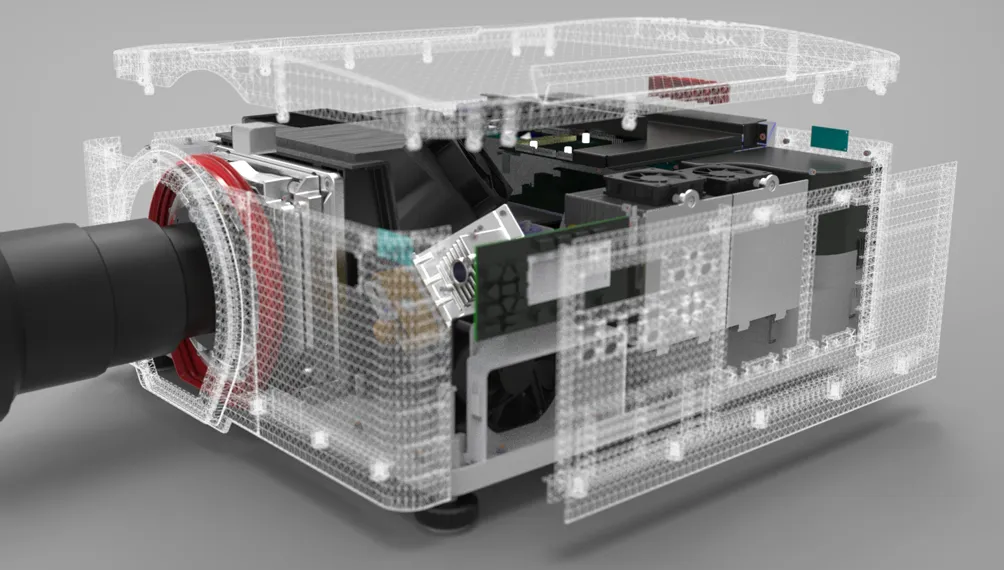 Mesh CAD render showing the internal engine inside a Christie projector housing