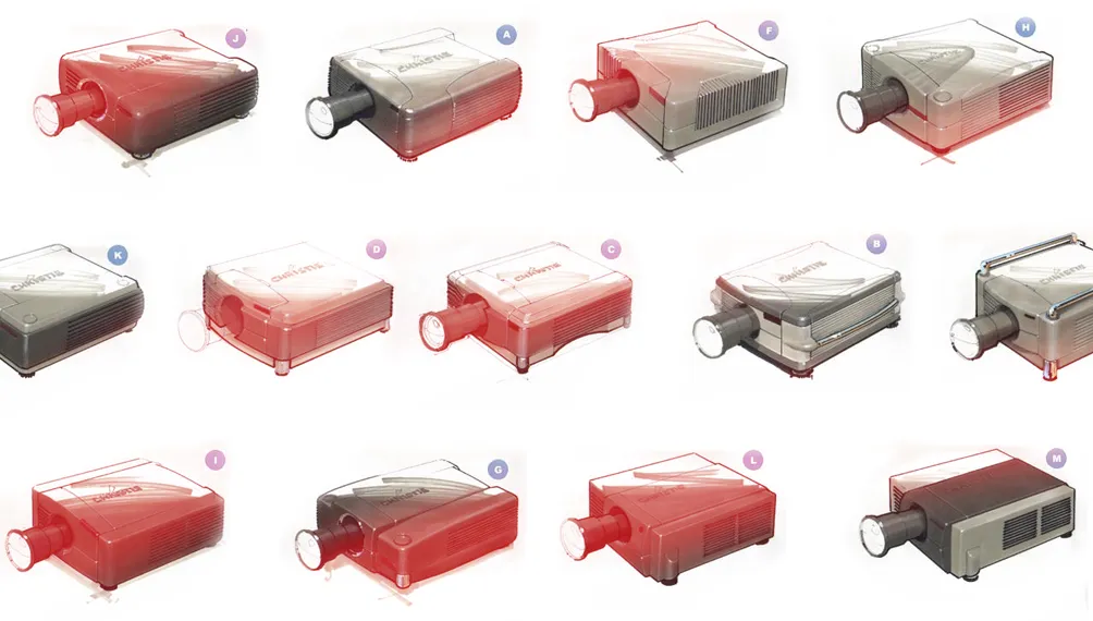 Thirteen lettered concept sketches of Christie cinema projector housings in red and grey