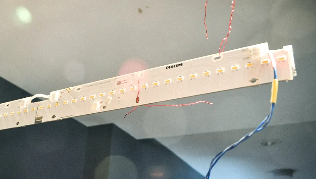 Philips LED strip prototype wired up and suspended during J2 Lights testing
