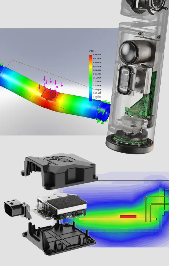 Collage of an FEA stress plot, a transparent device render and an exploded electronics enclosure with thermal map