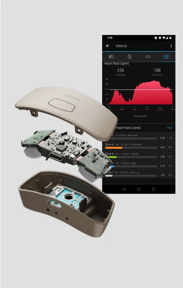 Exploded render of a wearable heart-rate monitor beside its phone app screen