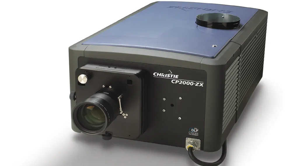 Christie CP2000-ZX digital cinema projector with blue top panel and lens
