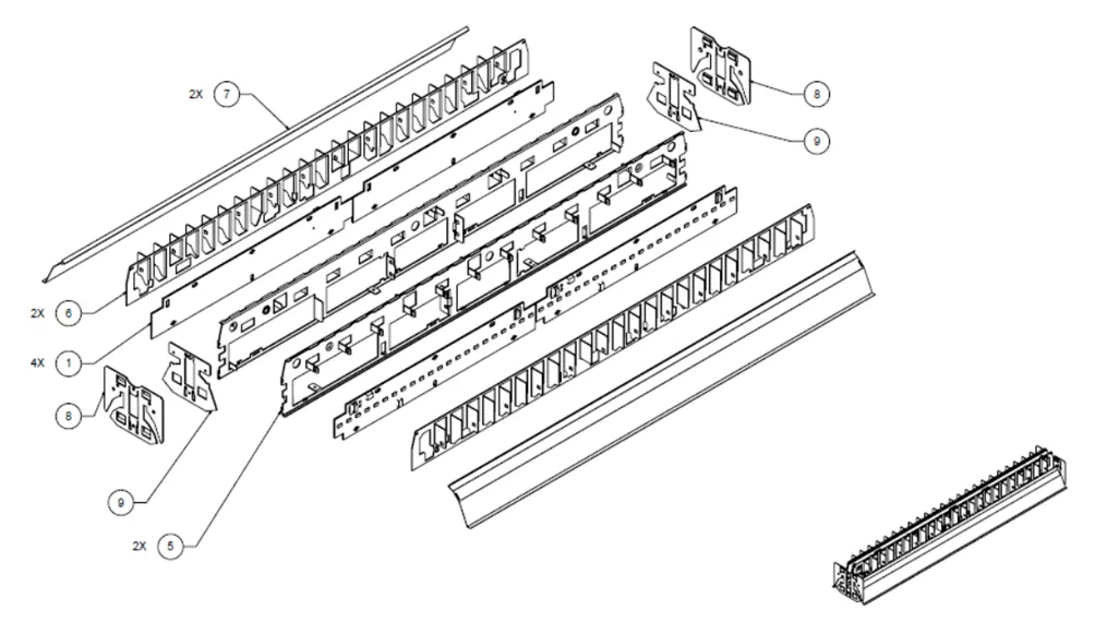 Exploded production drawing of the J2 LED light's sheet-metal housing parts