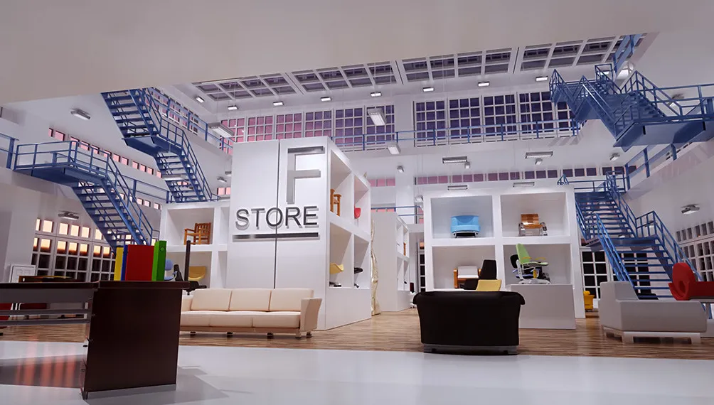Rendered furniture showroom interior with LED ceiling lights and blue stairways