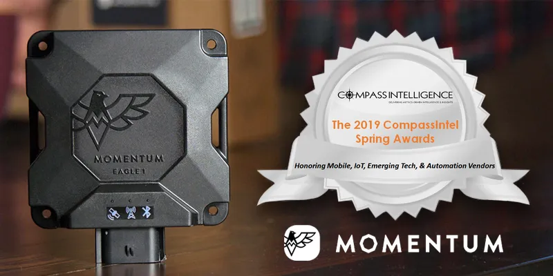 Momentum Eagle 1 telematics device beside a 2019 CompassIntel Spring Awards badge