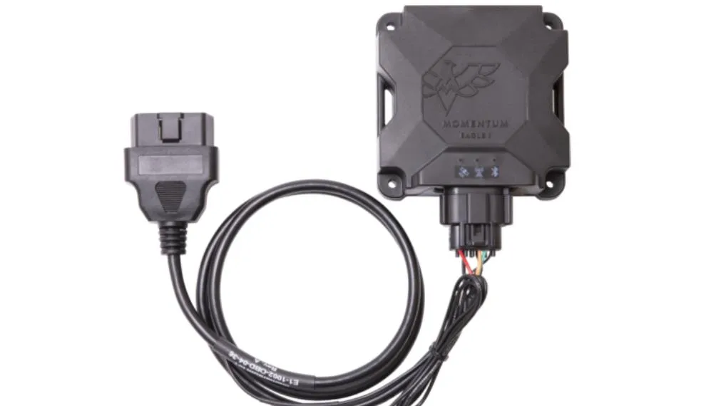 Momentum IoT Eagle GPS telematics device with its OBD plug-in cable