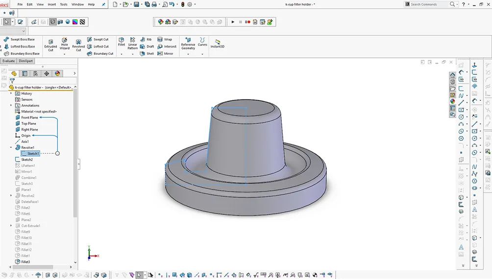 SolidWorks screenshot of the K-cup filter holder 3D model