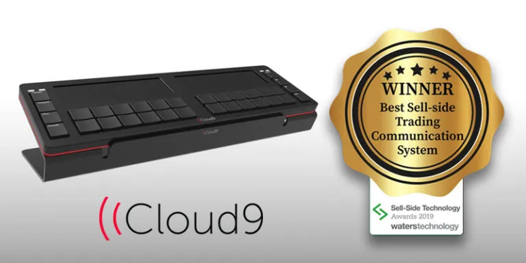Cloud9 trader communication console with a Best Sell-side Trading Communication System 2019 winner badge