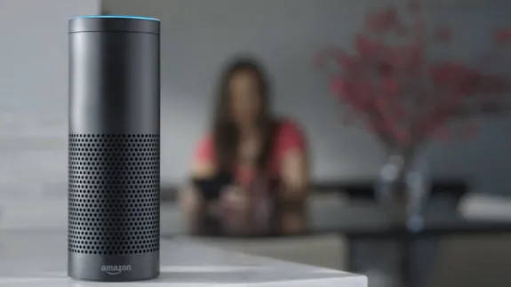 Amazon Echo smart speaker on a counter with a person seated in the blurred background