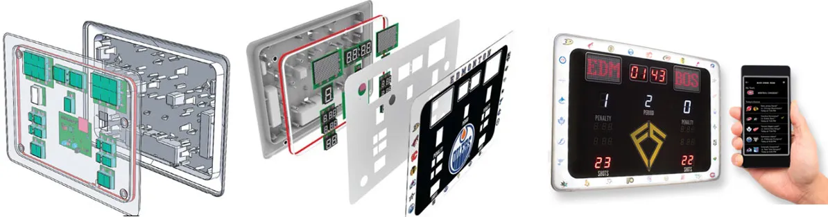 Exploded CAD views and finished Fantasy Scoreboards connected NHL scoreboard with its phone app