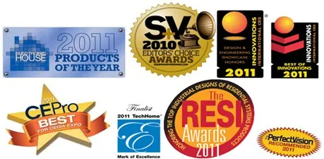 Collage of 2010 and 2011 audio industry award badges won by GoldenEar Technology