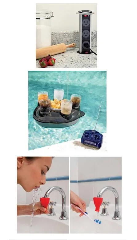 Collage of 2011 inventions: a pop-up kitchen power outlet, a remote-controlled floating drink tray and a faucet fountain